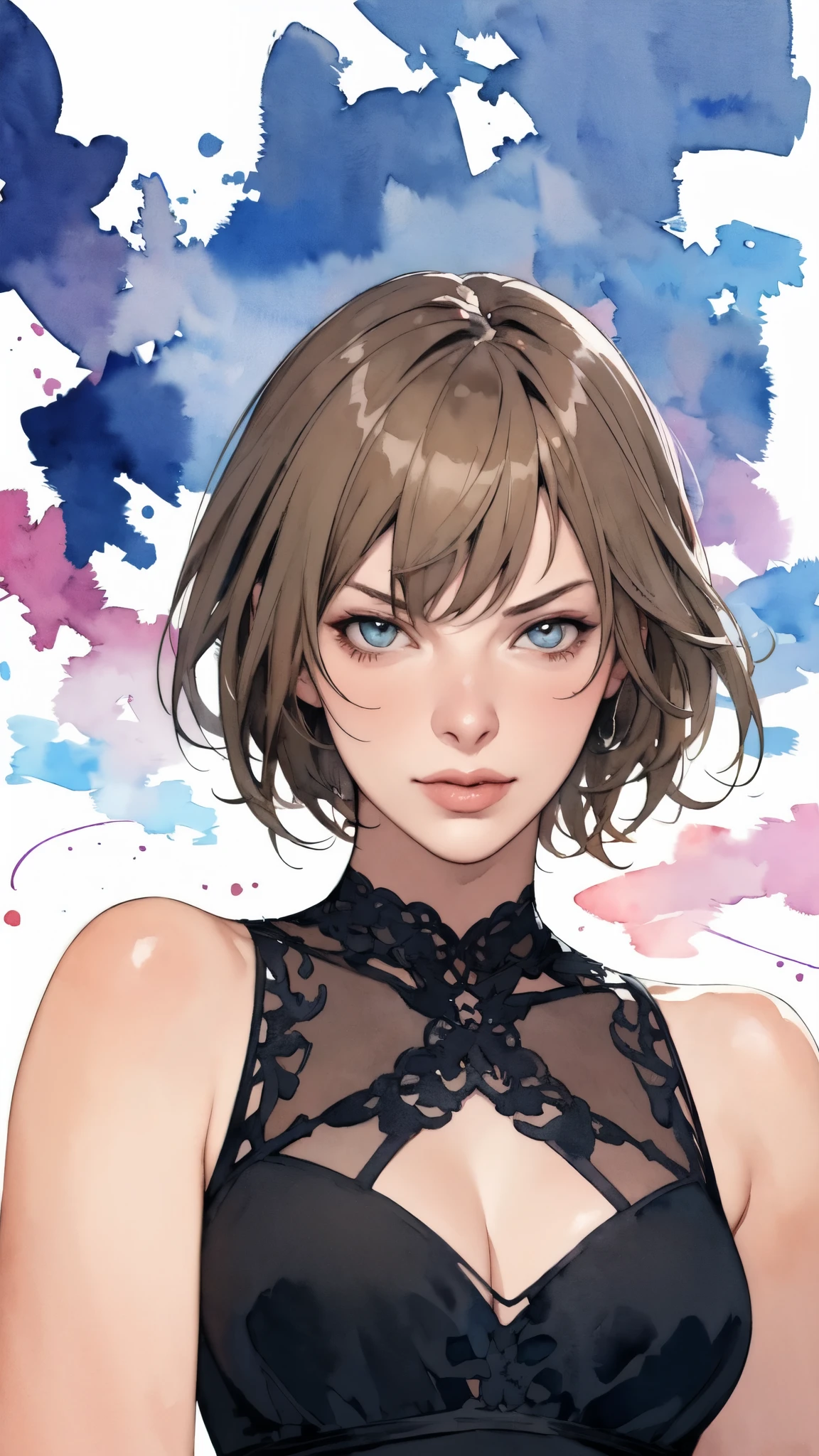 (masterpiece:1.2, Highest quality),8K,wallpaper,(Watercolor),(Milla Jovovich), Upper body close-up,front,short hair,Wearing a black dress,Perfect Eyes,Detailed face,,Sexy expression,Cool woman,(Abstract background)