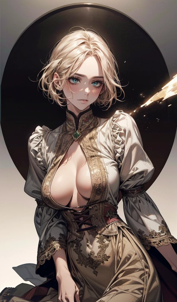 Please follow the all prompts below exactly and faithfully, This is a breathtaking masterpiece of digital illustration, with maximum resolution, UHD, 512K, 2160p, 10 million ppi, 300 million dpi, natural color tones, ultra sharp details, perfect outlines with contrast, ((smooth, soft and clearly and most realistic skin and hair texture)), most beautiful detailed eye features, perfect anatomically correct human body, beautiful background with depth, rule of thirds, depth of field, Maximize all element is used to its full potential to create the best digital illustrations, 1woman, sexy, 25years old, beautiful face sharp, elegant woman, Ultimate perfect body style, beautiful beautiful big breasts, Maximize upturned breasts, green eyes, shiny blonde hair, short hair, bob cut, (eyes visible through hair:1.3), glossy very thick lips, pink lipstick, smile:1.5,
Bohemian Maxi Dress: A loose, ankle-length dress with ethnic prints in earthy tones. The dress has a cinched waist with a drawstring and bell sleeves that reach the elbows. Made of lightweight, breathable fabric, it also features a deep V-neckline and a tiered skirt.