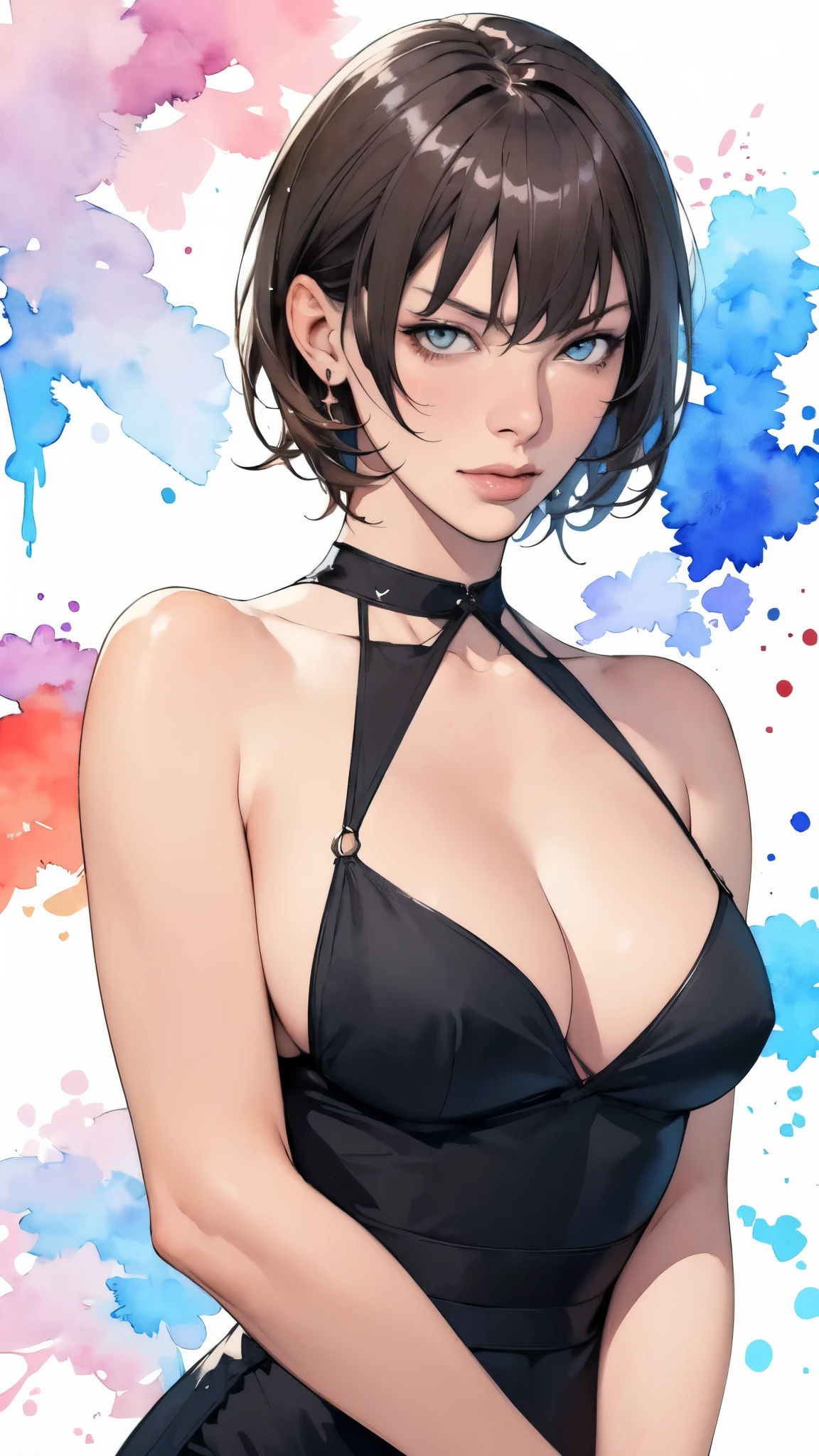 (masterpiece:1.2, Highest quality),8K,wallpaper,(Watercolor),(Milla Jovovich), Upper body close-up,front,short hair,Wearing a black dress,Perfect Eyes,Detailed face,,Sexy expression,Cool woman,(Abstract background)