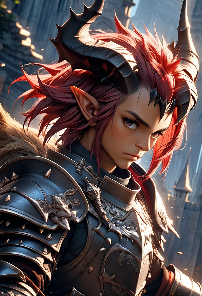 a powerful handsome knight, dark skin, red short spiky hair, pointy ears, horns, wearing half-armor, dramatic shadows, digital art, highly detailed, intricate details, cinematic lighting, epic fantasy, (best quality,4k,8k,highres,masterpiece:1.2),ultra-detailed,(realistic,photorealistic,photo-realistic:1.37),concept art