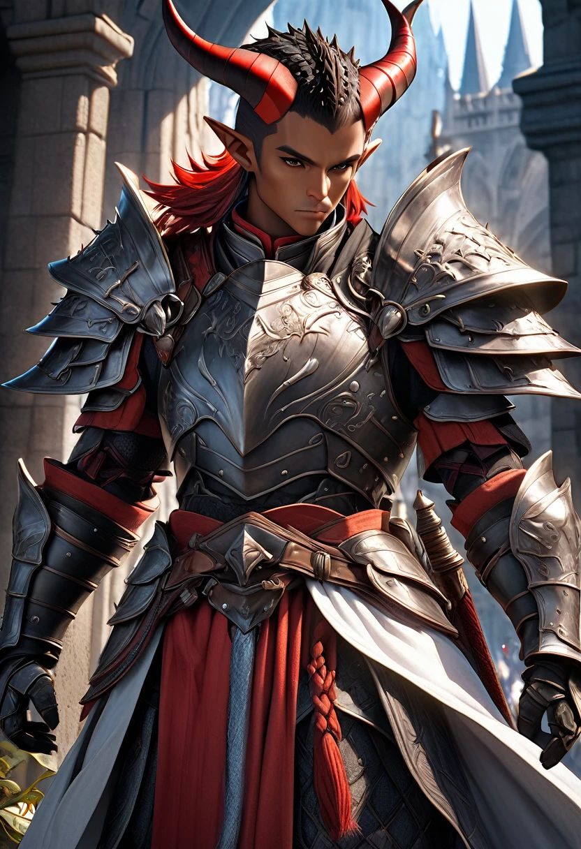 a powerful handsome knight, dark skin, red short spiky hair, pointy ears, horns, wearing half-armor, dramatic shadows, digital art, highly detailed, intricate details, cinematic lighting, epic fantasy, (best quality,4k,8k,highres,masterpiece:1.2),ultra-detailed,(realistic,photorealistic,photo-realistic:1.37),concept art