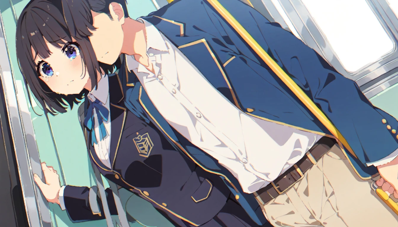 A middle-aged man is touching the buttocks of a crying girl in a blazer uniform with black bob hair from behind while she is holding on to the handrail of a train