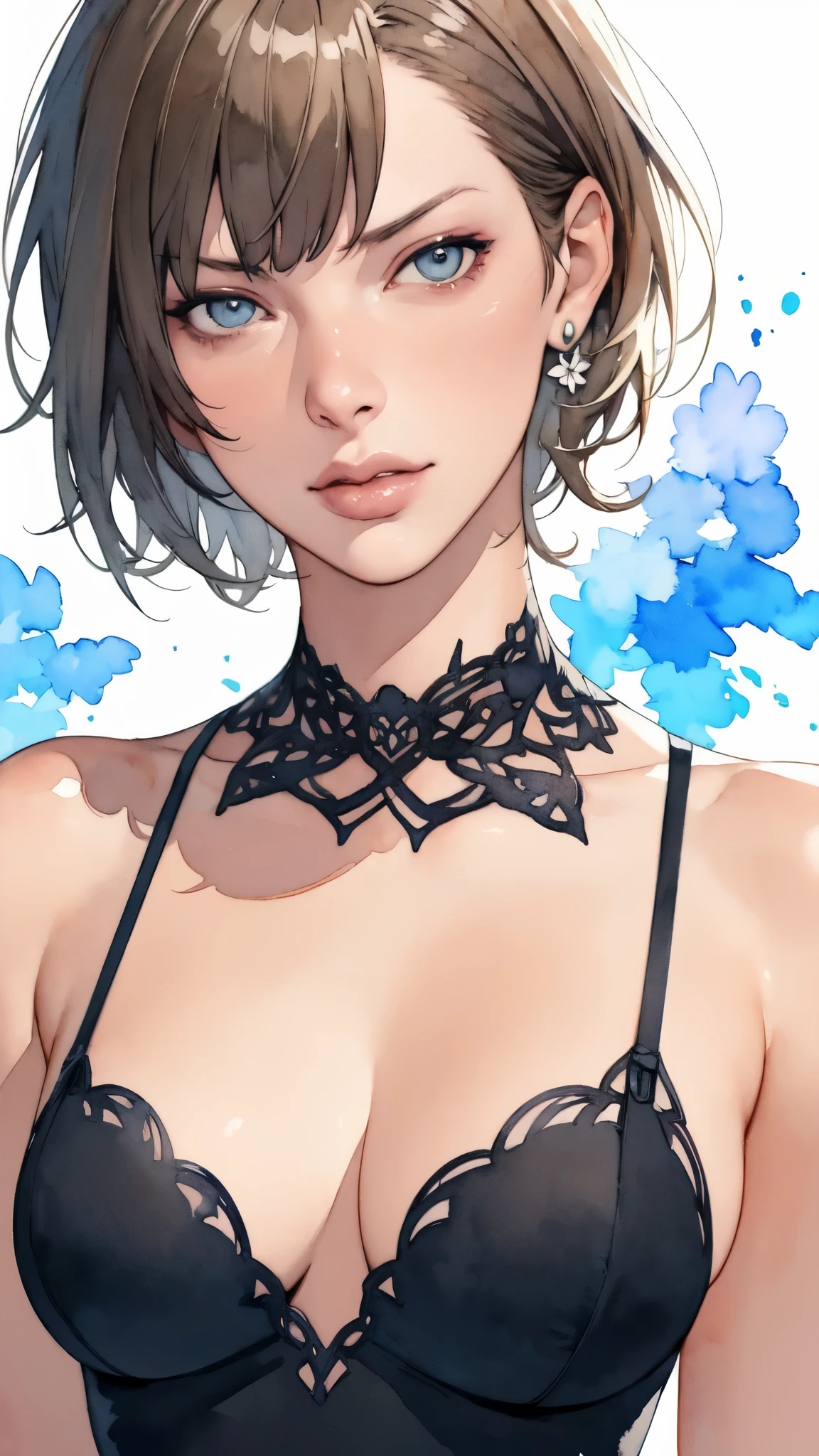 (masterpiece:1.2, Highest quality),8K,wallpaper,(Watercolor),(Milla Jovovich), Upper body close-up,front,short hair,Wearing a black dress,Perfect Eyes,Detailed face,,Sexy expression,Cool woman