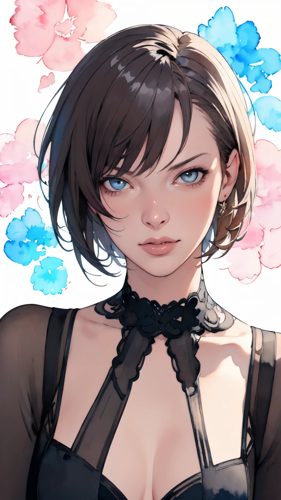 (masterpiece:1.2, Highest quality),8K,wallpaper,(Watercolor),(Milla Jovovich), Upper body close-up,front,short hair,Wearing a black dress,Perfect Eyes,Detailed face,,Sexy expression,Cool woman