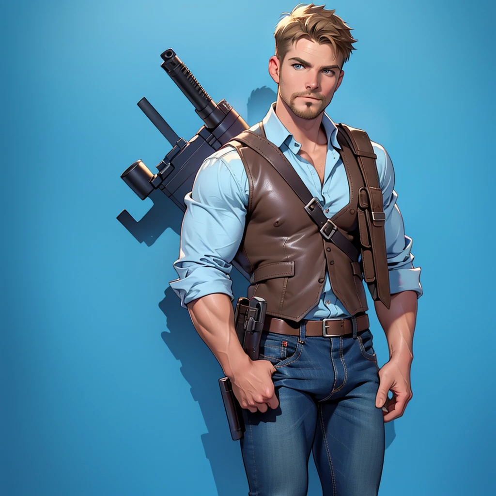 1 man, male focus solo, middle aged man,Stephen AMELL as private investigator,  lean muscle,very  light blue shirt, brown leather shoulder holster, faded vintage blue jeans with bulge, full body shot, dark blond  short hair, facial hair, holding a gun with two hands, (gun:1.2), ultra high quality, masterpiece, low camera angle, intense splashed blue and white paint in the blackground