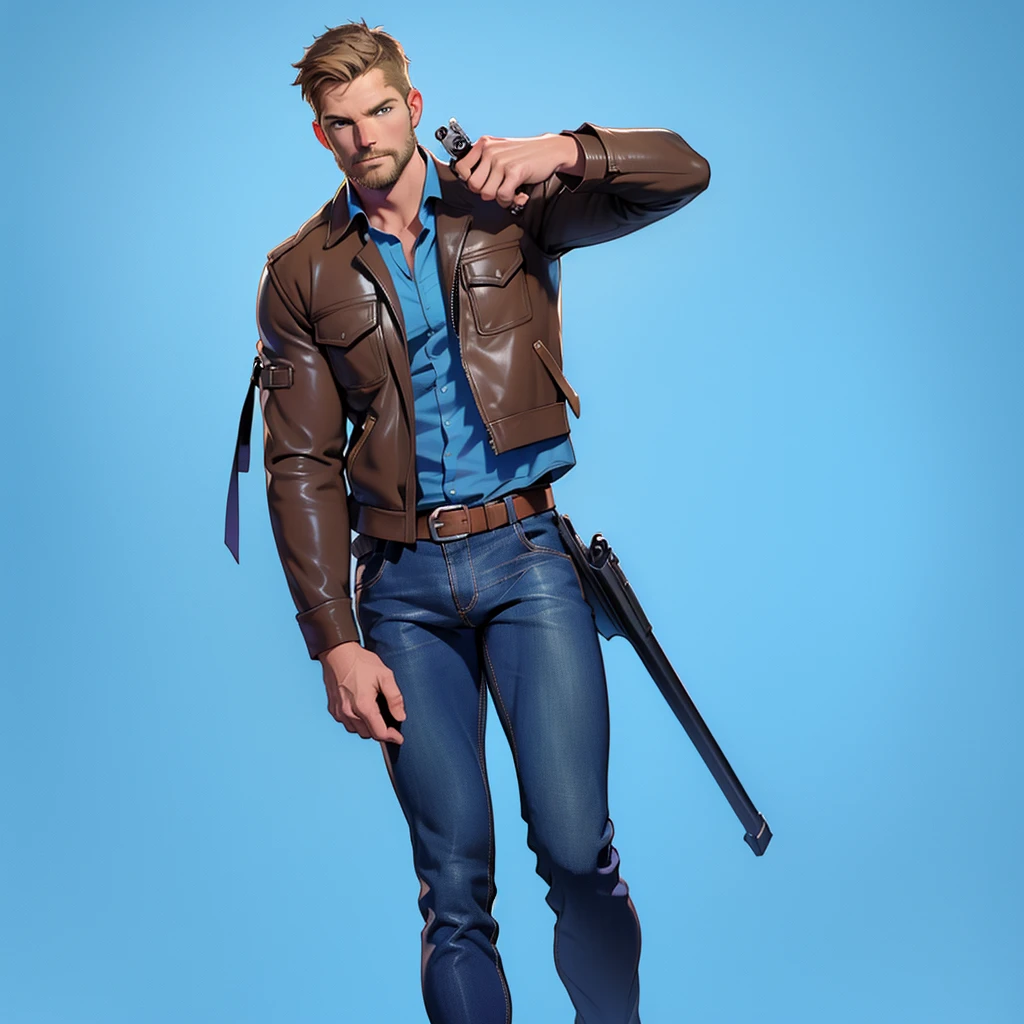 1 man, male focus solo, middle aged man,Stephen AMELL as private investigator, lean muscle,very light blue shirt, brown leather shoulder holster, faded vintage blue jeans with bulge, full body shot, dark blond short hair, facial hair, holding a gun with two hands, (gun:1.2), ultra high quality, masterpiece, low camera angle, intense splashed blue and white paint in the blackground