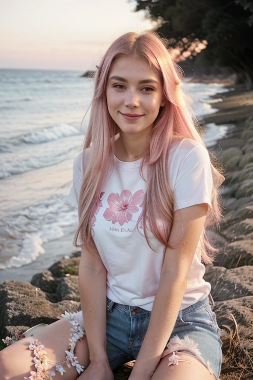 8k, Delicate facial features, ultra-clear, pink white long hair, smile, flower in hand, coast, jeans and knee-length T-shirt, thick makeup, smoky makeup, photo sideways to the viewer, sunset, shot on vinyl film
