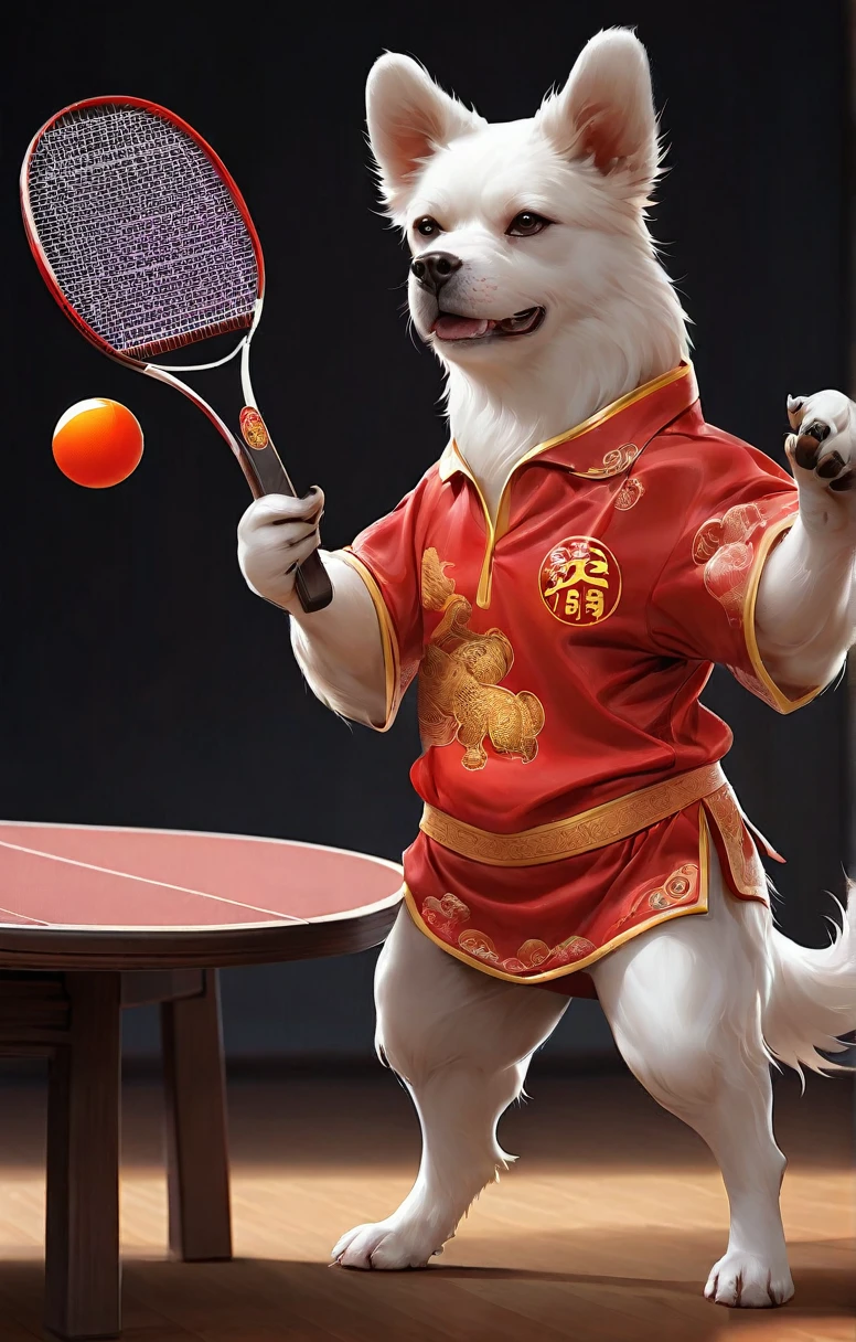Chinese zodiac dog holding a table tennis racket