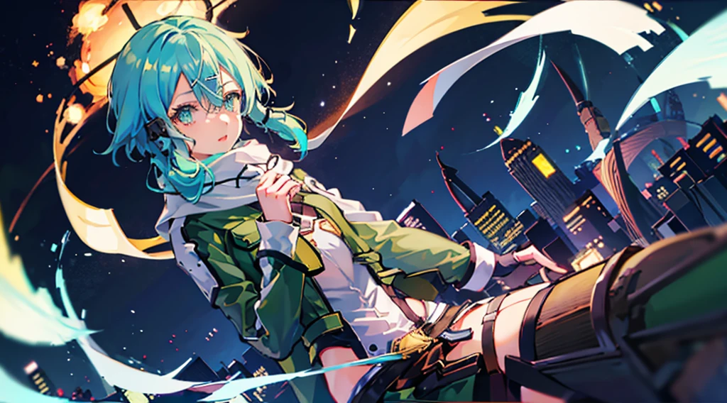 1 girl in、under the rain、face perfect、The night sky is beautiful、sinon1, scarf, fingerless gloves, long sleeves, short shorts, hair ornament, hairclip, green thighhighs, green jacket, thigh strap, upper body