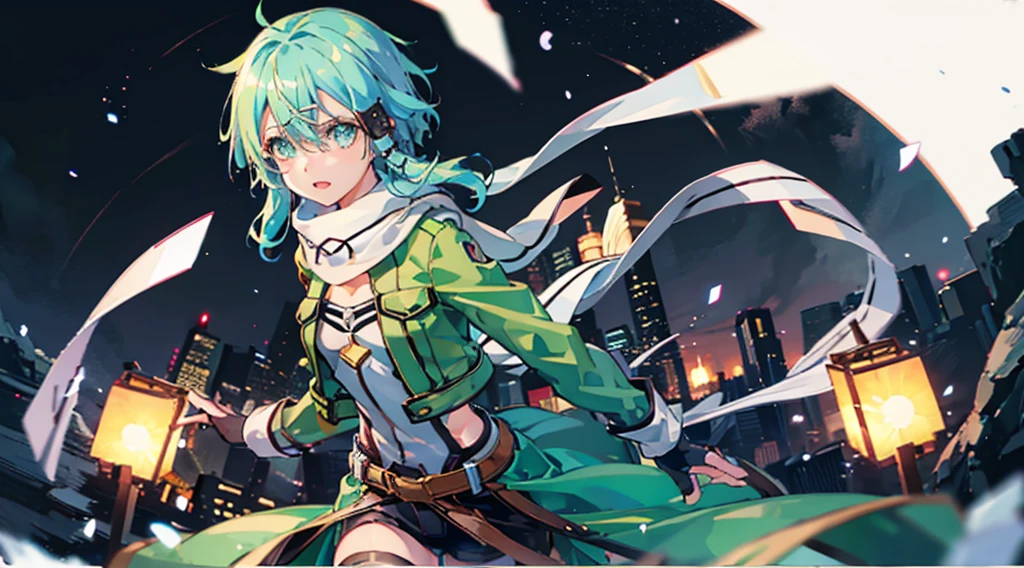 1 girl in、under the rain、face perfect、The night sky is beautiful、sinon1, scarf, fingerless gloves, long sleeves, short shorts, hair ornament, hairclip, green thighhighs, green jacket, thigh strap, upper body