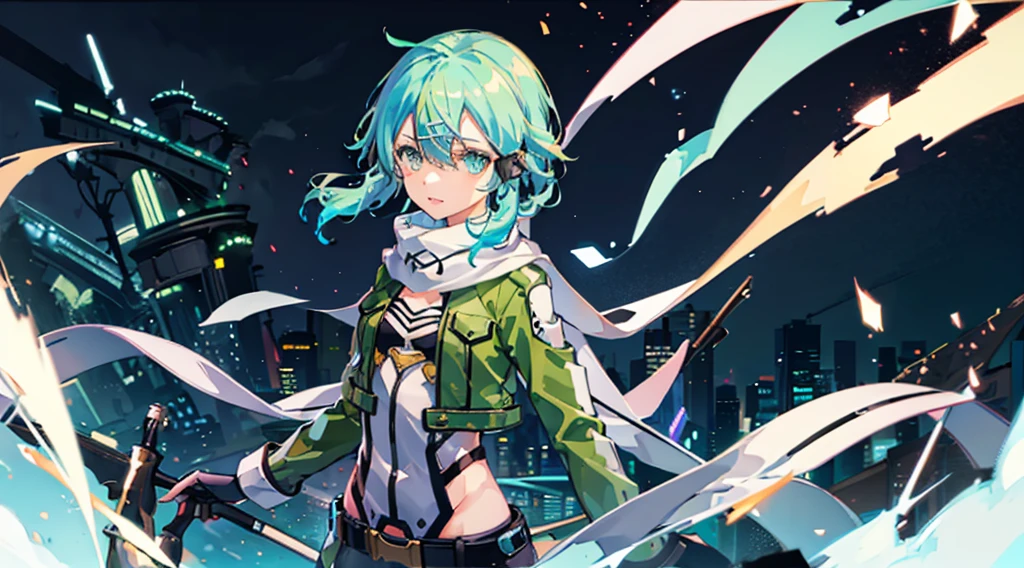 1 girl in、under the rain、face perfect、The night sky is beautiful、sinon1, scarf, fingerless gloves, long sleeves, short shorts, hair ornament, hairclip, green thighhighs, green jacket, thigh strap, upper body