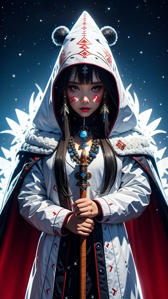 noface of a majestic cyborg shaman in snow, wearing white armor, (in one hand a shaman staff:1.2), wooden necklace, Blanket covers head and shoulders, snowflakes, evil