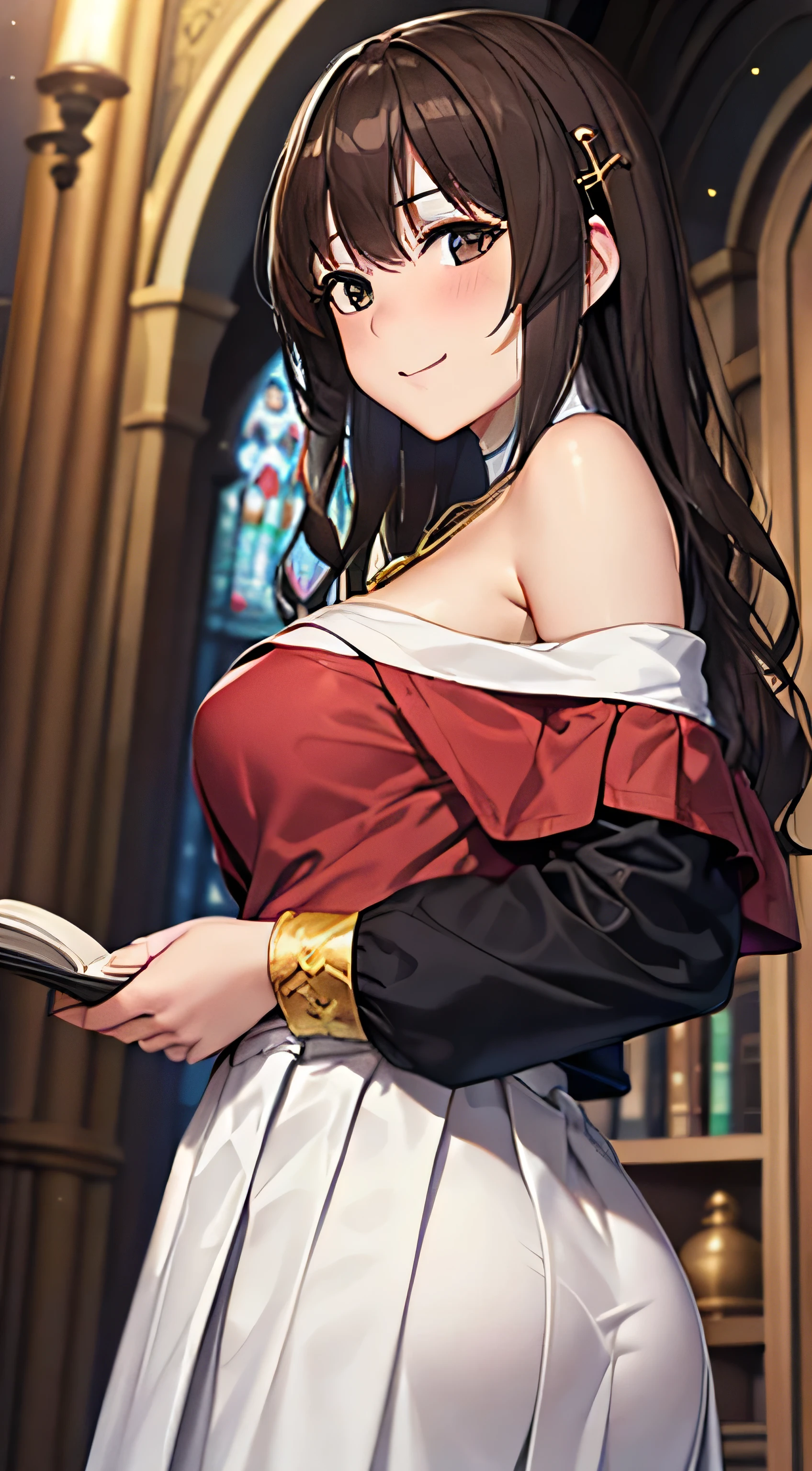 ((Tabletop, Highest quality, High resolution, , Pixel Perfect, 4K,))), 1 female, 、The whole body is visible、 ((Long Wavy Hair, bangs, Brown Hair)), ((Brown eyes, Beautiful eyelashes, Realistic eyes)), ((Detailed face, Blushing:1.2)), ((Smooth texture:0.75, Realistic texture:0.65, Realistic:1.1, Anime CG Style)), Medium sized breasts, Dynamic Angle, Perfect body, (( , , Beautiful Priest、、 Priest off-shoulder jacket、Pleat Long Flare Skirt、、)), Gold Hair Ornament、Cross Necklace、、Very embarrassing panic smile, 、Gorgeous church basilica、、、、Hold a big Bible、、、、Lace panties are visible、Bring your arms together、Stick your butt out、、、 、Angle from below)、