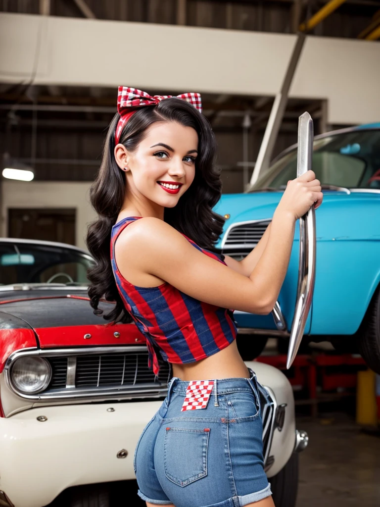 A pin-up Car repair shop young smiling woman with dark hair in pinup style, wearing a red checkered crop top and blue jeans shorts and holding a wrench red bow on a head She leaned her ass on the car