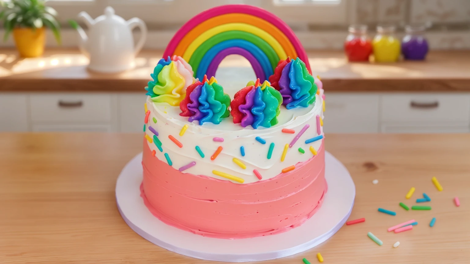 on a wooden table, there is a white plate with cake, white and pink cream cake, Rainbow confectionery powder on the cake, top rainbow gradient cream, polymer clay rainbow, Confectionery powder is scattered on the table nearby, window in the background, kitchen countertop, jars of dyes, teapot and vase with plants, Beautiful light from the window, beautiful lighting, bright announcement, several light sources, Realistic style, realistic textures, high quality, high detail, detailed texture, ultra 4k hd, macro photography