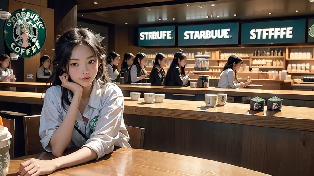 8K、RAW Photos、Highest quality、Super detailed、Super Resolution、Ultra HD、8K壁紙、Amazing details
(((Inside the Starbucks store)))、Woman sitting at a table by the window、16-year-old girl、((((Girls' High School Uniforms))))、(((Eat cake、Drink coffee、smile)))、Emphasize cleavage
