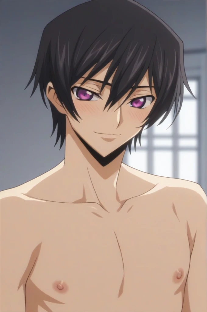 score_9, score_8_up, score_7_up, source_anime, rating_safe, intricate details, anime screencap, , , looking at viewer, depth of field, 1boy, solo, male focus, lelouch_lamperouge, black hair, purple eyes, hair between eyes, bangs, smile, blush, cute, naked, bed room, night,