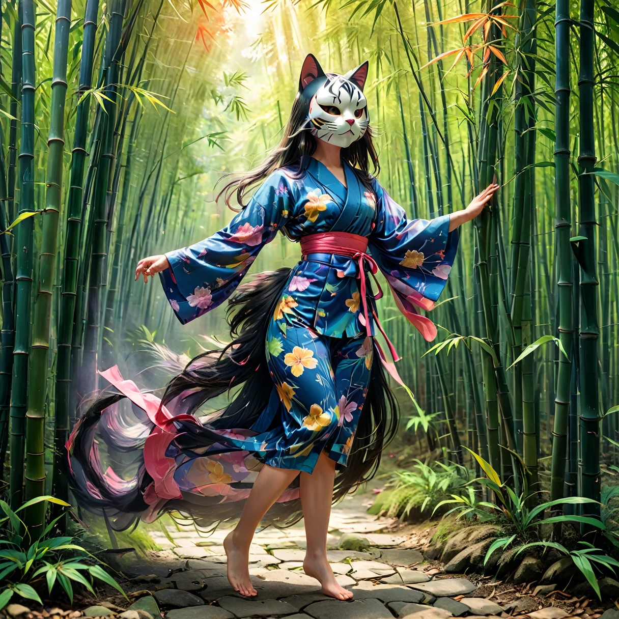 Girl wearing a Japanese style cat mask、 japanese、Wearing a yukata、Long straight hair with bangs、Inside the bamboo forest、Complex colors, Art I、real photografic、High definition、detailded、all-body