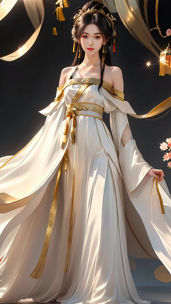 Girl in traditional Chinese clothing, Hanfu, Guzhen Hanfu women, gold Hanfu,(long straight black hair:1.5), black eyes, black bun hairstyle, hair accessories ,white diamond earrings, Bangle Diameter, Dia Necklace, Clear eyes, Facing forward,put on makeup, Long eyelashes ,(gold long shoulder coat:1.5), (Very long skirt, white:1.5), ((Whole body)), ((from below)), Clear face, , (Very beautiful face, Beautiful mouth, beautiful eyes), detailed face, ((Ultra-fine skin)), In the dark, deep shadows, an ancient Chinese girl (Very slim figure 1.3) ,Plump breasts, elegant posture ,(palace in the sky:1.5),