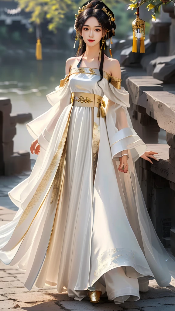 Girl in traditional Chinese clothing, Hanfu, Guzhen Hanfu women, gold Hanfu,(long straight black hair:1.5), black eyes, black bun hairstyle, hair accessories ,white diamond earrings, Bangle Diameter, Dia Necklace, Clear eyes, Facing forward,put on makeup, Long eyelashes ,(gold long shoulder coat:1.5), (Very long skirt, white:1.5), ((Whole body)), ((from below)), Clear face, , (Very beautiful face, Beautiful mouth, beautiful eyes), detailed face, ((Ultra-fine skin)), In the dark, deep shadows, an ancient Chinese girl (Very slim figure 1.3) ,Plump breasts, elegant posture ,(palace in the sky:1.5),