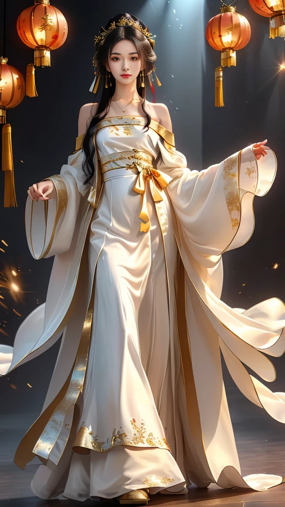 Girl in traditional Chinese clothing, Hanfu, Guzhen Hanfu women, gold Hanfu,(long straight black hair:1.5), black eyes, black bun hairstyle, hair accessories ,white diamond earrings, Bangle Diameter, Dia Necklace, Clear eyes, Facing forward,put on makeup, Long eyelashes ,(gold long shoulder coat:1.5), (Very long skirt, white:1.5), ((Whole body)), ((from below)), Clear face, , (Very beautiful face, Beautiful mouth, beautiful eyes), detailed face, ((Ultra-fine skin)), In the dark, deep shadows, an ancient Chinese girl (Very slim figure 1.3) ,Plump breasts, elegant posture ,(palace in the sky:1.5),