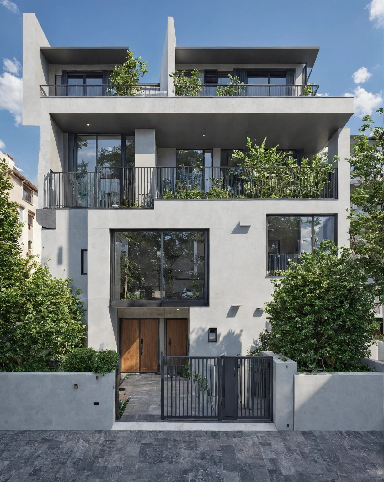 Architectural style, (masterpiece) , (best quality), ((RowHouse)), dramatic lighting, high quality outdoors, sky, day, cloud, tree, blue sky, building, scenery, road, real world location,  sunlight, enough detail, high resolution,super realistic, Photorealistic, highly detailed, balcony, plants, door, gate, paving, . Clean lines, geometric shapes, minimalist, modern, architectural drawing, highly detailed