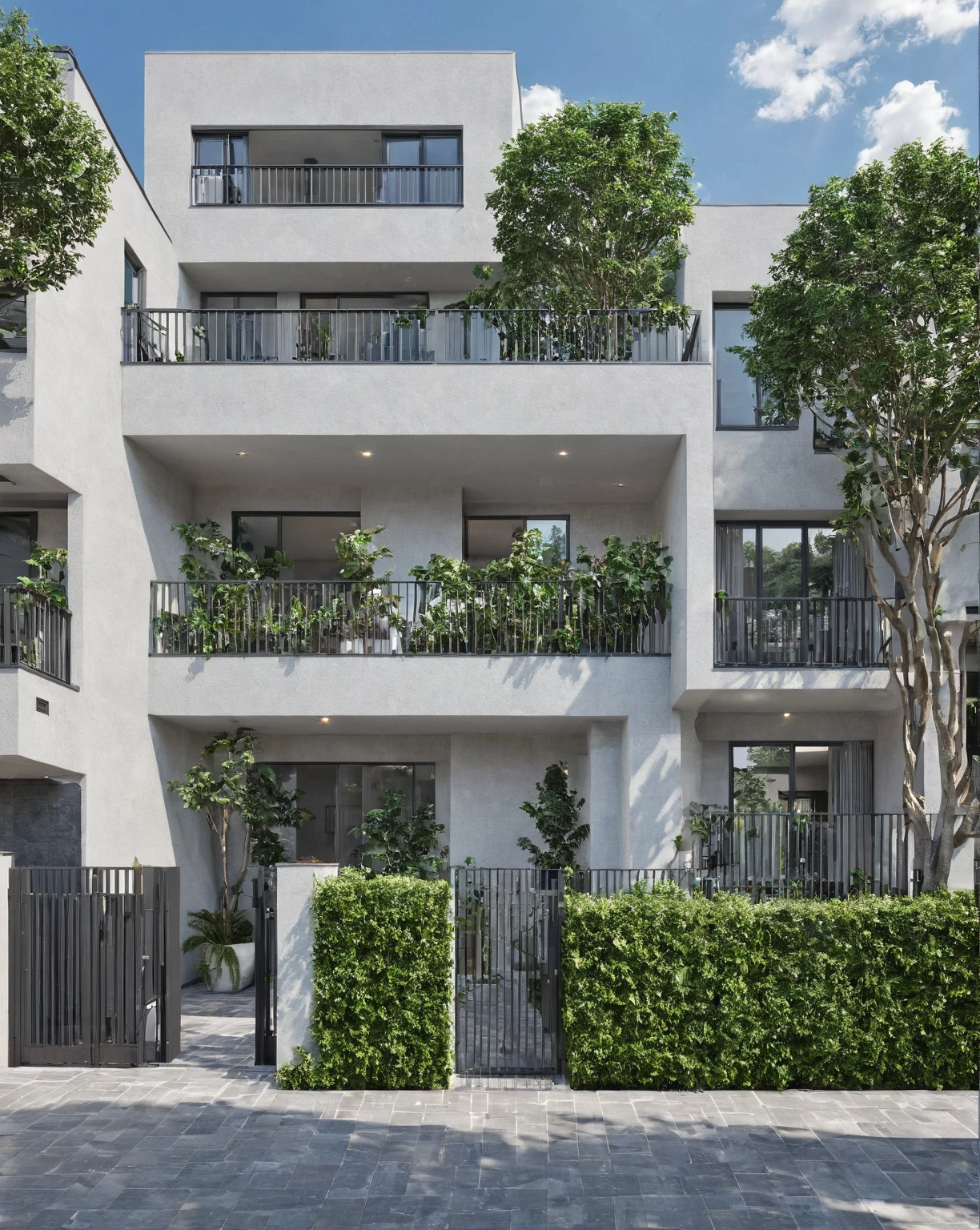 Architectural style, (masterpiece) , (best quality), ((RowHouse)), dramatic lighting, high quality outdoors, sky, day, cloud, tree, blue sky, building, scenery, road, real world location,  sunlight, enough detail, high resolution,super realistic, Photorealistic, highly detailed, balcony, plants, door, gate, paving, . Clean lines, geometric shapes, minimalist, modern, architectural drawing, highly detailed