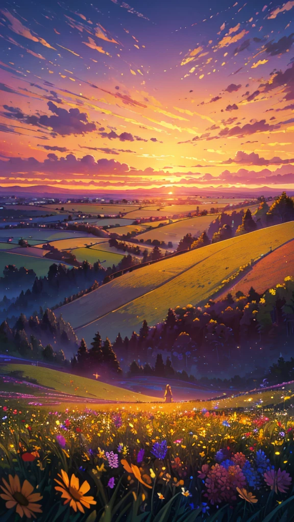 (best quality,highres,masterpiece:1.2),ultra-detailed,realistic:1.37,a beautiful image,a field of flowers,a sunset view,low angle view,focus on flowers and grass,sunset colors,vibrant colors,warm tones,soft lighting,subtle shadows,paint-like rendering,impressionistic style,field of wildflowers,waving grass,peaceful atmosphere,sunset glow,serene ambiance,tranquil setting,immersive perspective,nature beauty,breathtaking scene.
