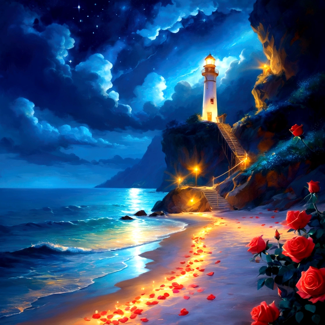 night,seaside,Long shot,In the distance is the quiet and bright starry sky and the lighthouse on the island,Lower-left corner of the screen(Southwest)There are glowing sea water and beaches,(seaside有一条发光的明亮的弯曲的小路延伸到Southeast,There are large patches of red roses growing on the roadside,The golden flowers illuminate the path),Glowing rose petals floating on the sea,Clear edge glow rendering,Neon light effects,Emphasize the lower right corner(Southeast)The brightest colors,The overall picture forms a strong contrast between light and dark colors from north to south,水彩画Ink splashing质感,Light and Shadow Art,Gorgeous, romantic, beautiful and dreamy atmosphere,Large game CG scenes,Light painting rendering,Light particle effects,Flowing Lights,seaside闪烁的明亮的灯光, Beautiful art UHD 4K, Oil painting texture,Beautiful Numbers艺术作品, 平静的night. Beautiful Numbers, Amazing wallpapers, 4k highly detailed digital art, Fantasy seascape, 4K HD illustration wallpaper, beautiful digital illustration,8k concept art,Fantasy Art,Ink splashing