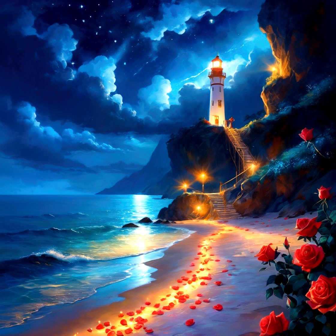 night，seaside，Long shot，In the distance is the quiet and bright starry sky and the lighthouse on the island，Lower-left corner of the screen（Southwest）There are glowing sea water and beaches，(seaside有一条发光的明亮的弯曲的小路延伸到Southeast，There are large patches of red roses growing on the roadside，The golden flowers illuminate the path)，Glowing rose petals floating on the sea，Clear edge glow rendering，Neon light effects，Emphasize the lower right corner（Southeast）The brightest colors，The overall picture forms a strong contrast between light and dark colors from north to south，水彩画Ink splashing质感，Light and Shadow Art，Gorgeous, romantic, beautiful and dreamy atmosphere，Large game CG scenes，Light painting rendering，Light particle effects，Flowing Lights，seaside闪烁的明亮的灯光， Beautiful art UHD 4K， Oil painting texture，Beautiful Numbers艺术作品， 平静的night. Beautiful Numbers， Amazing wallpapers， 4k highly detailed digital art， Fantasy seascape， 4K HD illustration wallpaper， beautiful digital illustration,8k concept art，Fantasy Art，Ink splashing