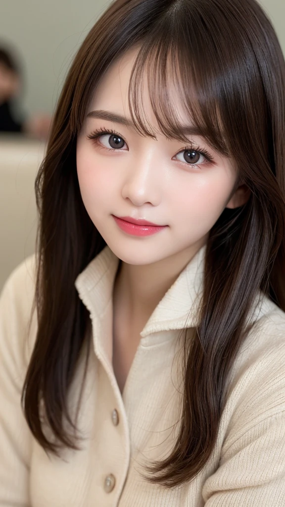 Tabletop, Highest quality, shape, Very detailed, finely, High resolution, 8k wallpaper, 完璧なダイナミックな構shape, Beautiful and detailed, Gorgeous black fluffy Tokyo winter wear,ランダムなcute髪,Small breasts,Natural color lip, ,smile、20-year-old girl、cute、常にBlur the background,Perfect and beautiful face,Take a picture of only the face,Beautiful and dense face、Slim face and figure,Big eyes、Putting on gal makeup,Blur the background,Blur the background,Face close-up