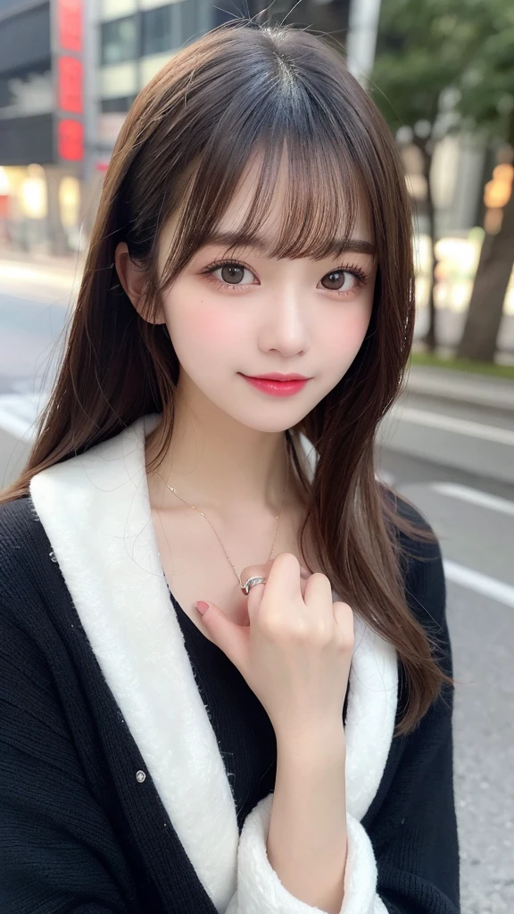 Tabletop, Highest quality, shape, Very detailed, finely, High resolution, 8k wallpaper, 完璧なダイナミックな構shape, Beautiful and detailed, Gorgeous black fluffy Tokyo winter wear,ランダムなcute髪,Small breasts,Natural color lip, ,smile、20-year-old girl、cute、常にBlur the background,Perfect and beautiful face,Take a picture of only the face,Beautiful and dense face、Slim face and figure,Big eyes、Putting on gal makeup,Blur the background,Blur the background,Face close-up