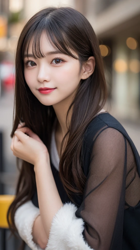 Tabletop, Highest quality, shape, Very detailed, finely, High resolution, 8k wallpaper, 完璧なダイナミックな構shape, Beautiful and detailed, Gorgeous black fluffy Tokyo winter wear,ランダムなcute髪,Small breasts,Natural color lip, ,smile、20-year-old girl、cute、常にBlur the background,Perfect and beautiful face,Take a picture of only the face,Beautiful and dense face、Slim face and figure,Big eyes、Putting on gal makeup,Blur the background,Blur the background,Face close-up