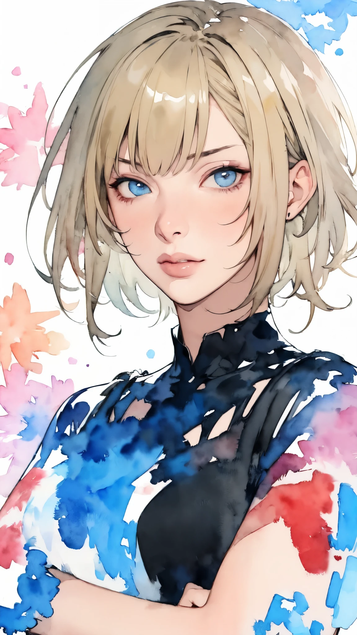 (masterpiece:1.2, Highest quality),8K,wallpaper,(((Watercolor))),(Milla Jovovich), Upper body close-up,front,short hair,Wearing a black dress,Perfect Eyes,Detailed face,,Sexy expression,Cool woman,),((Abstract background))