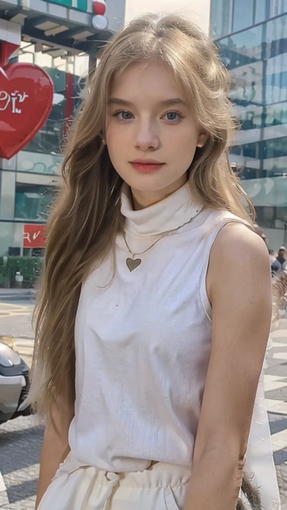 (masterpiece, best quality), Young 22 years old poland woman, high cheekbones, innocent gaze, small amount of blemishes, heart faceshape, green hunter eye shape, long eyelashes, full lips, small nose, blond straight hairs, detailed sleeveless turtleneck top, white pants, perfect body, necklace, wavy hair, perfect face, beautiful face, alluring, happy, (outdoor), gym , city gym