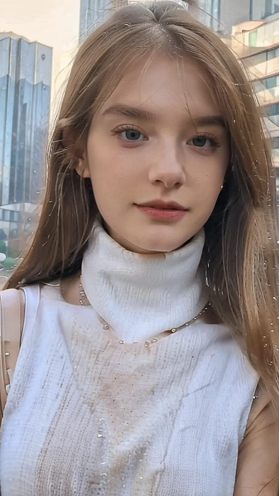 (masterpiece, best quality), Young 22 years old poland woman, high cheekbones, innocent gaze, small amount of blemishes, heart faceshape, green hunter eye shape, long eyelashes, full lips, small nose, blond straight hairs, detailed sleeveless turtleneck top, white pants, perfect body, necklace, wavy hair, perfect face, beautiful face, alluring, happy, (outdoor), gym , city gym