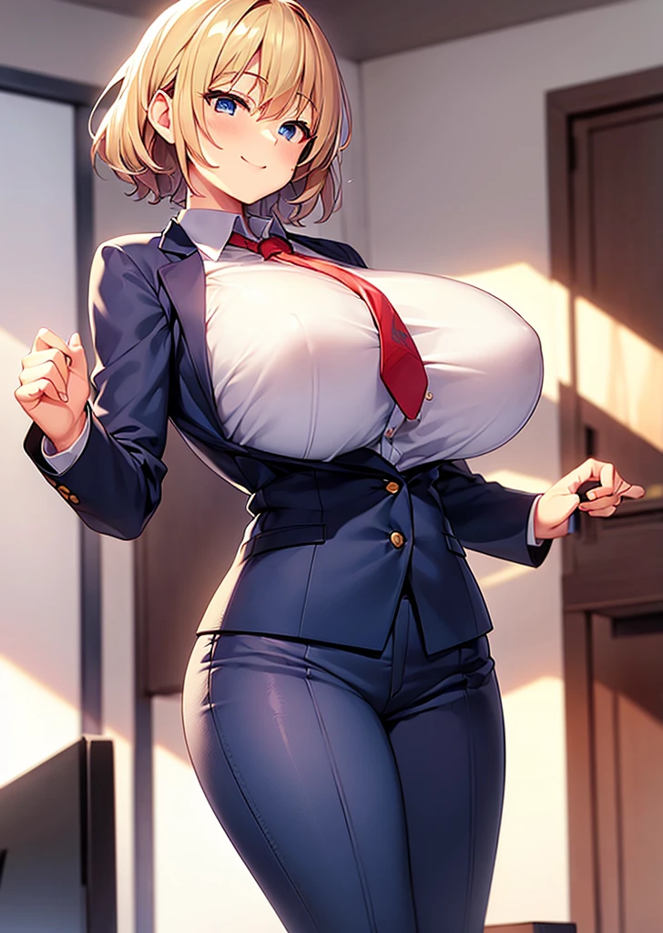 ((Huge breasts))、Blonde、Very short hair、blue eyes、Narrow waist、student、Navy blue blazer、slacks、necktie、Tall、Red cheeks、Perm、Put your arms behind your back、A confident smile