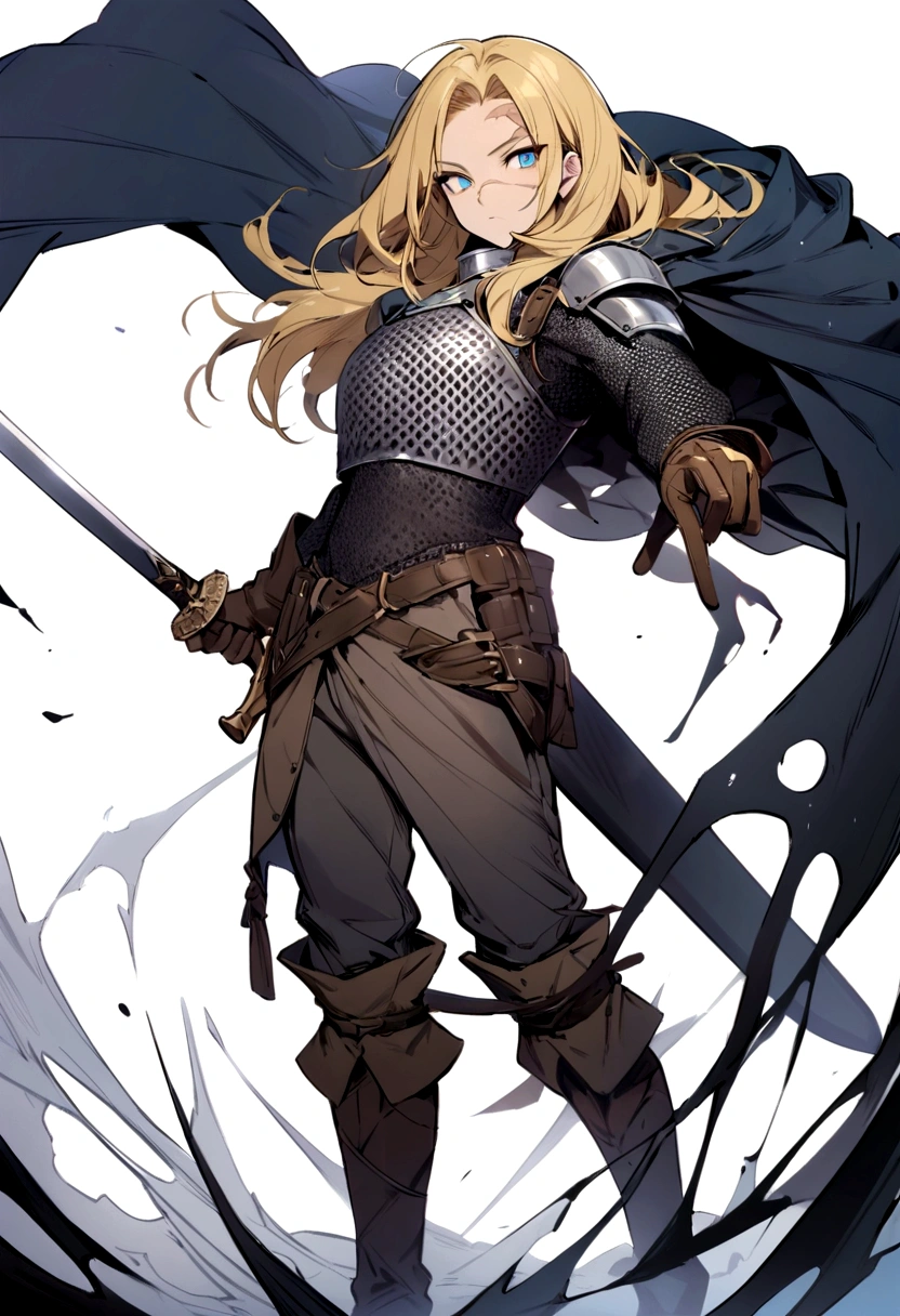 (best quality, masterpiece, (highres), original, extremely detailedshmh,1man, solo, weapon, sword, holding weapon, holding, holding sword, chainmail armor, gloves, white background, brown gloves, blue mieyes, half body, boots, standing, simple background, looking at viewer, blonde hair, cape, sheath, scar in face