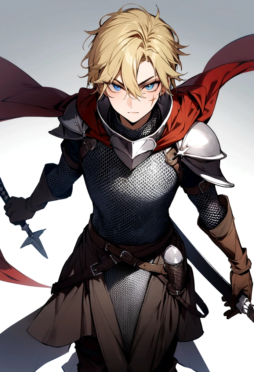 (best quality, masterpiece, (highres), original, extremely detailedshmh,1man, solo, weapon, sword, holding weapon, holding, holding sword, chainmail armor, gloves, white background, brown gloves, blue mieyes, half body, boots, standing, simple background, looking at viewer, blonde hair, cape, sheath, scar in face