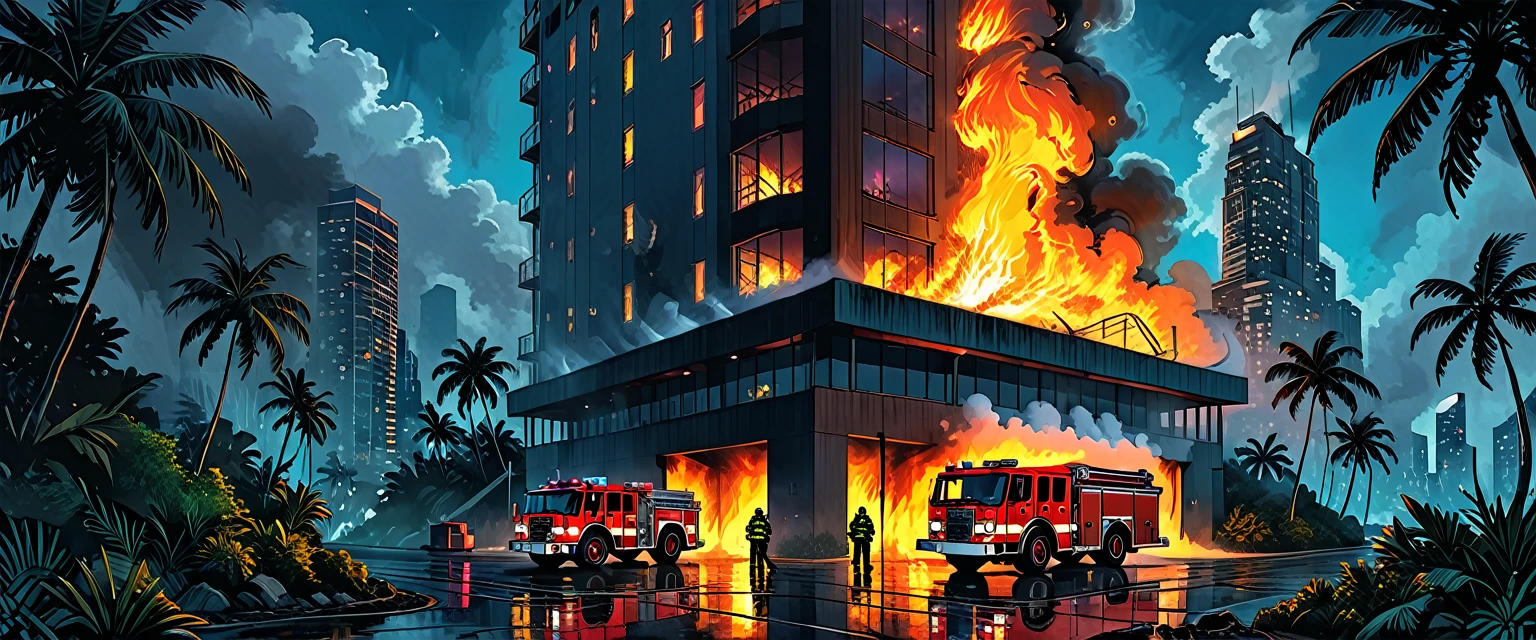 fire engine, firefighters, hose, burning first floor lonely skyscraper, smoke,
(outside of a skyscraper), night, dark,
the light is only from a 1skyscraper, tropical, palm,
skyscraper, (tropical island), ocean, tropical forest, graphic style of novel comics, 2d, 8k, hyperrealism, masterpiece, high resolution, best quality, ultra-detailed, super realistic, Hyperrealistic art, high-quality, ultra high res, highest detailed, lot of details, Extremely high-resolution details, incredibly lifelike, colourful, soft cinematic light,