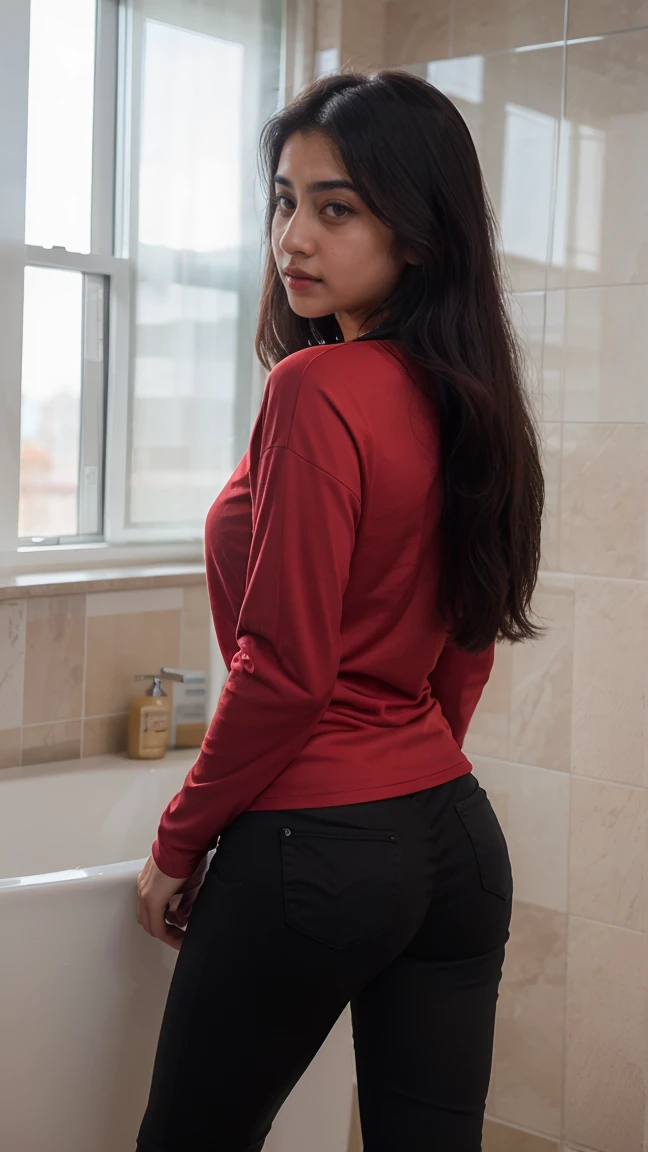 A beautiful young woman, Ananya Pandey wearing soft sky red tshirt and black jeggings Full figure view full body,  bathroom said body view view anatomy, ultra detailed face and eyes, ultra sharp HDR, realistic realism, 8k