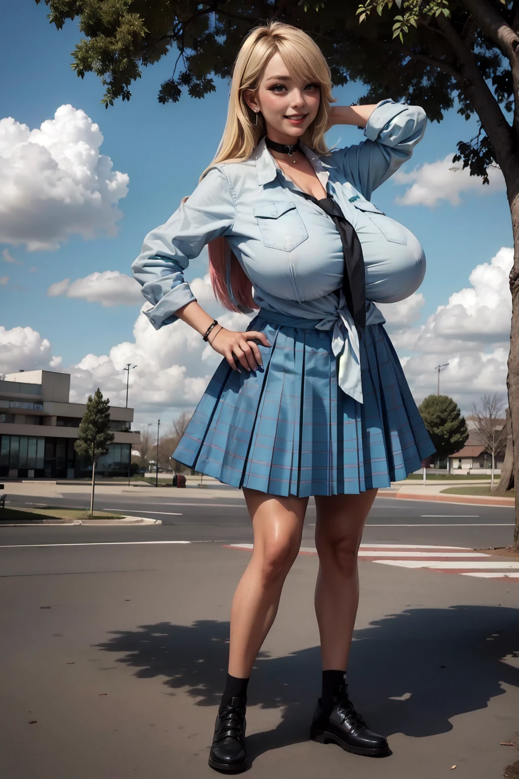 KitagawaSU1, 1girl, solo, long hair, bangs, blonde hair, red eyes, smile, choker, looking at viewer, jewerly, earrings, black choker, piercing, ear piercing, shirt, , blush, grin, cowboy shot, skirt,( white shirt:1.2), (white clothes:1.2), pleated skirt, blue skirt, unzipped clivage,necktie, multicolored hair, collared shirt,plaid, plaid skit, big breasts, blue necktie, tied shirt, long sleeves, eyelashes, tetth, standing, bracelet, hourglass body,(((Gigantic breast:1.1))) arms behind head, hands behind head, outdoors, day, sky, clouds, buildings, trees, bushes, BREAK masterpiece, best quality, highly detailed background, perfect lightingbest quality, ((shiny skin, glossy skin, detailed skin))(((full body))) , (((sexy pose, model pose, standing pose))),(hyperass:1.1)