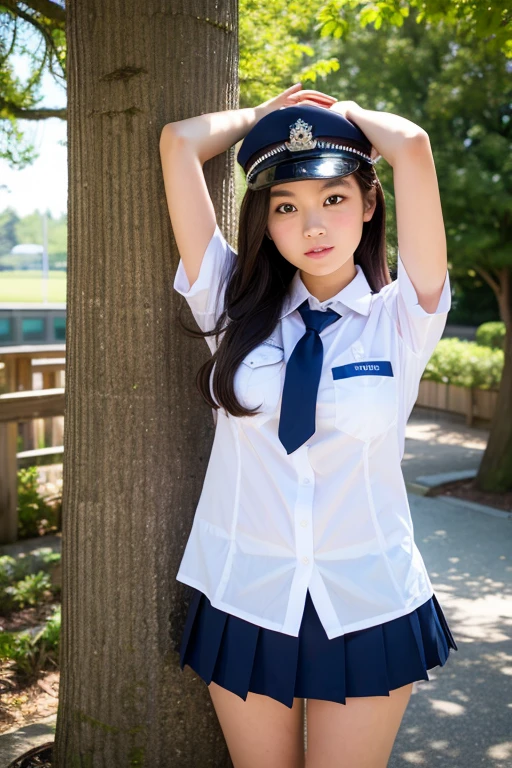 ((Highest quality)), ((masterpiece)), (detailed), Japanese junior high school girls, cute、Beautiful face in every detail、Fair skin、whole body、Arms and legs exposed、Police uniform、Someone is hitting you