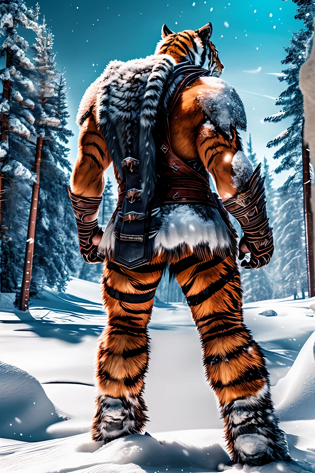 Mutant tiger standing on two legs, snow background, Brutal!, put on armor, Big claws, Thirsty for blood, Big one, Thick fur, no back panel, snow backgroundมืดมิด, conjunctivitis, Demonic Aura