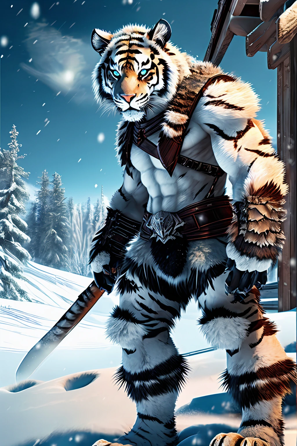Mutant tiger standing on two legs, snow background, Brutal!, put on armor, Big claws, Thirsty for blood, Big one, Thick fur, no back panel, snow backgroundมืดมิด, conjunctivitis, Demonic Aura
