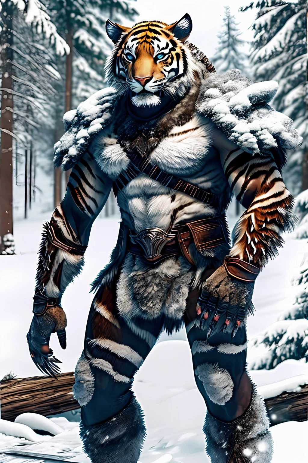 Mutant tiger standing on two legs, snow background, Brutal!, put on armor, Big claws, Thirsty for blood, Big one, Thick fur, no back panel, snow backgroundมืดมิด, conjunctivitis, Demonic Aura