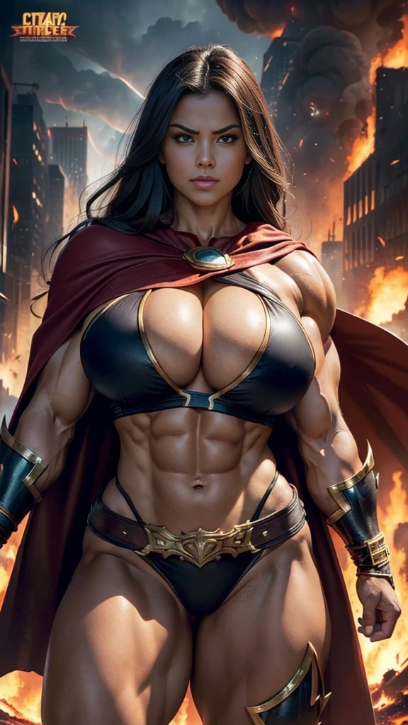 (Busty muscular brute cute girl, huge strong biceps volume, huge firm breasts volume, enormous tits volume, strong tonned exposed abs, muscular strong legs, bodybuilder muscles bursting in strength, exposed abs skin, city destruction fire background, tight supervillain costume and cape