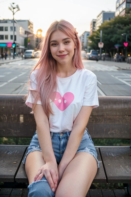 8k, Delicate facial features, ultra-clear, pink white long hair, smile, hands showing the heart, city street, jeans and knee-length T-shirt, thick makeup, smoky makeup, photo sideways to the viewer, sunset, shot on vinyl film, sitting on a bench next to coffee