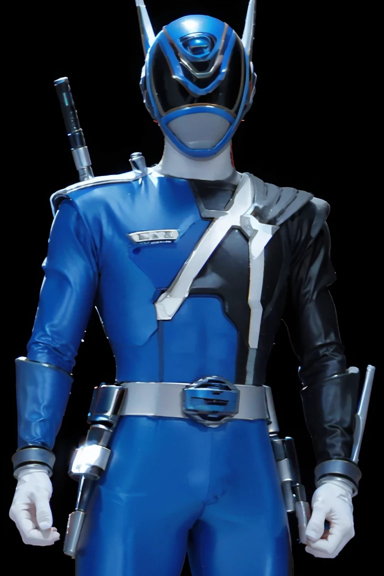 , Fantasy background, (power rangers)), One guy、, ((blue ranger suit)), costume, Solo, ((fit figure)), (Anatomically correct), Cowboy shot, masked face, guns, muscular build