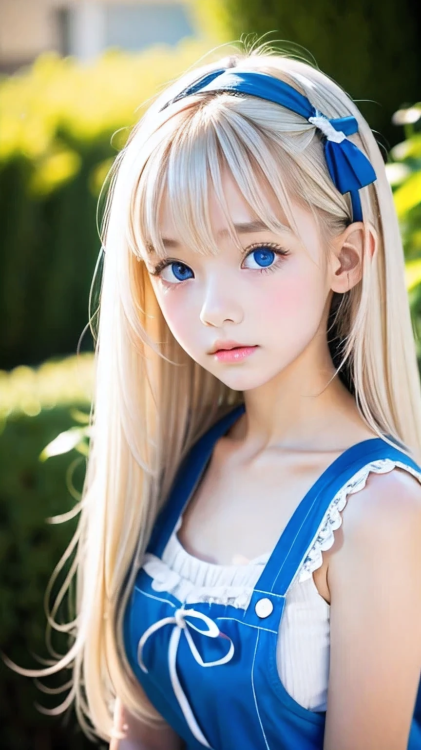 Highest quality、Ultra-high resolution、photograph、Cute beautiful girl photograph、Detailed cute and beautiful face、(Pure Eros Face_v1:0.008)、Alice in Wonderland、13 year old beautiful girl、Very white and shiny skin、Bangs between the eyes、Ultra long platinum blonde super long straight silky hair、Thin Hair、Beautiful, large, light blue eyes、White Apron、Blue Dress、No makeup